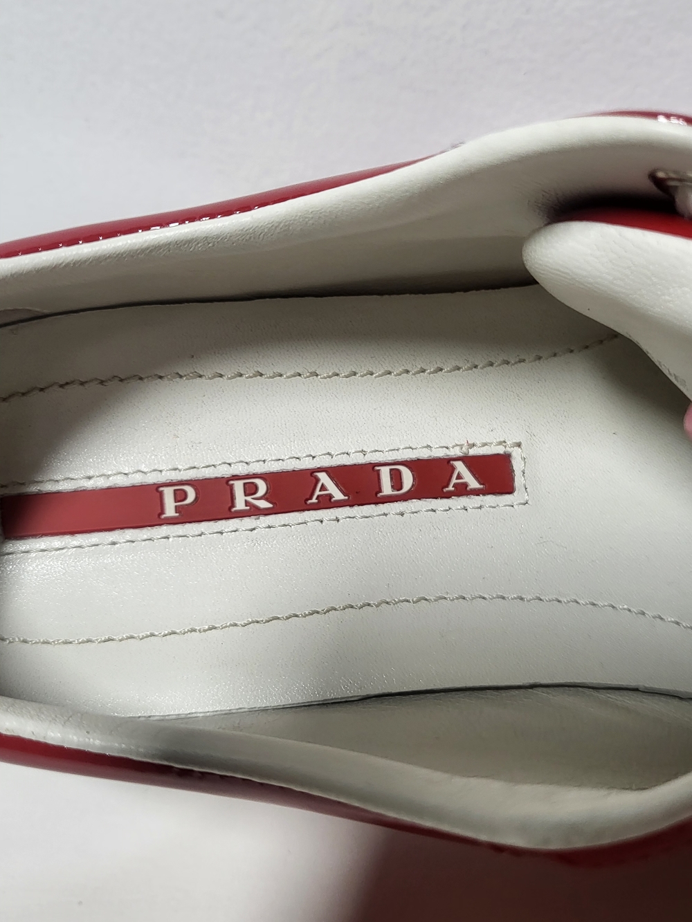 Prada Women's Red Patent Sneakers with Pink Toe Cap - Picture 5 of 10